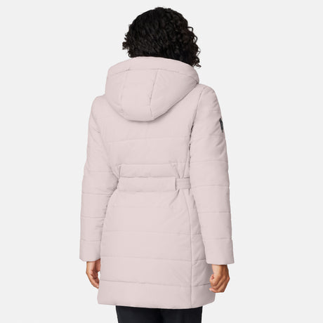 [Angelique is 5'10" wearing size S.] Woman wearing a white long puffer coat with black accents on a white background