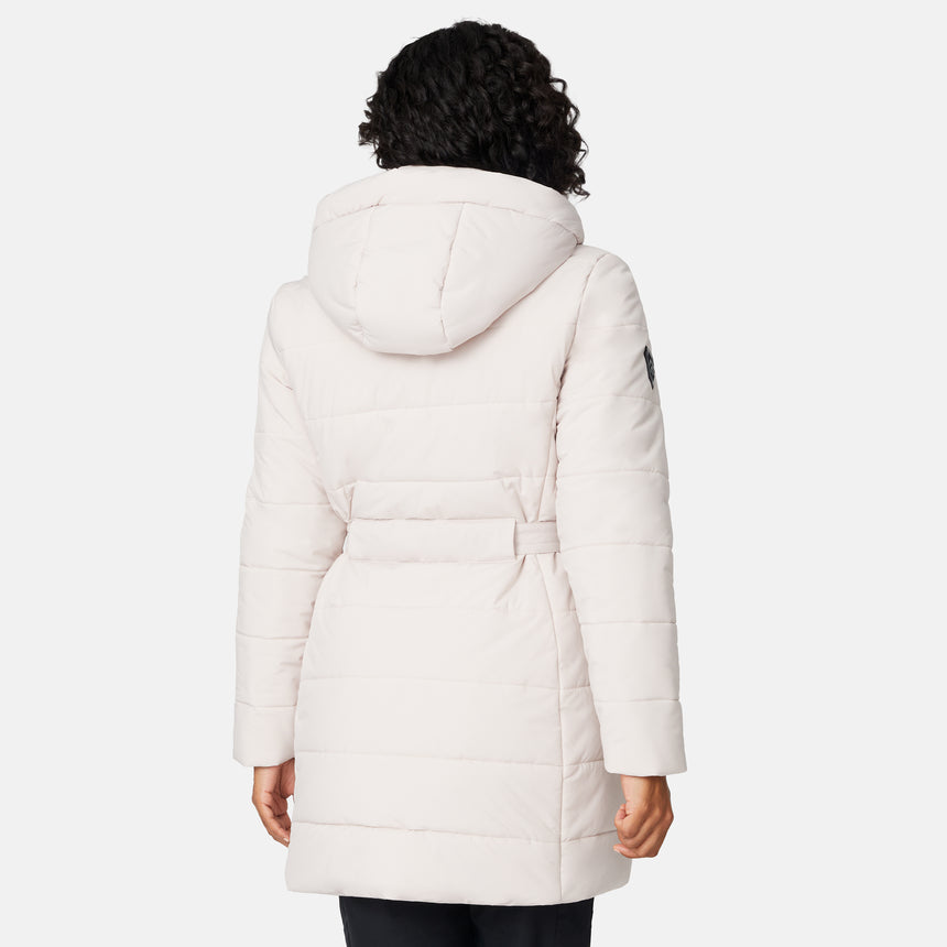 [Angelique is 5'10" wearing size S.] Woman wearing a white long puffer coat with black accents on a white background