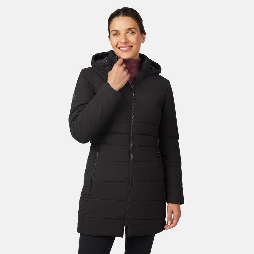 [Olga is 5'9" wearing size S.] Woman wearing a black long puffer coat on a white background