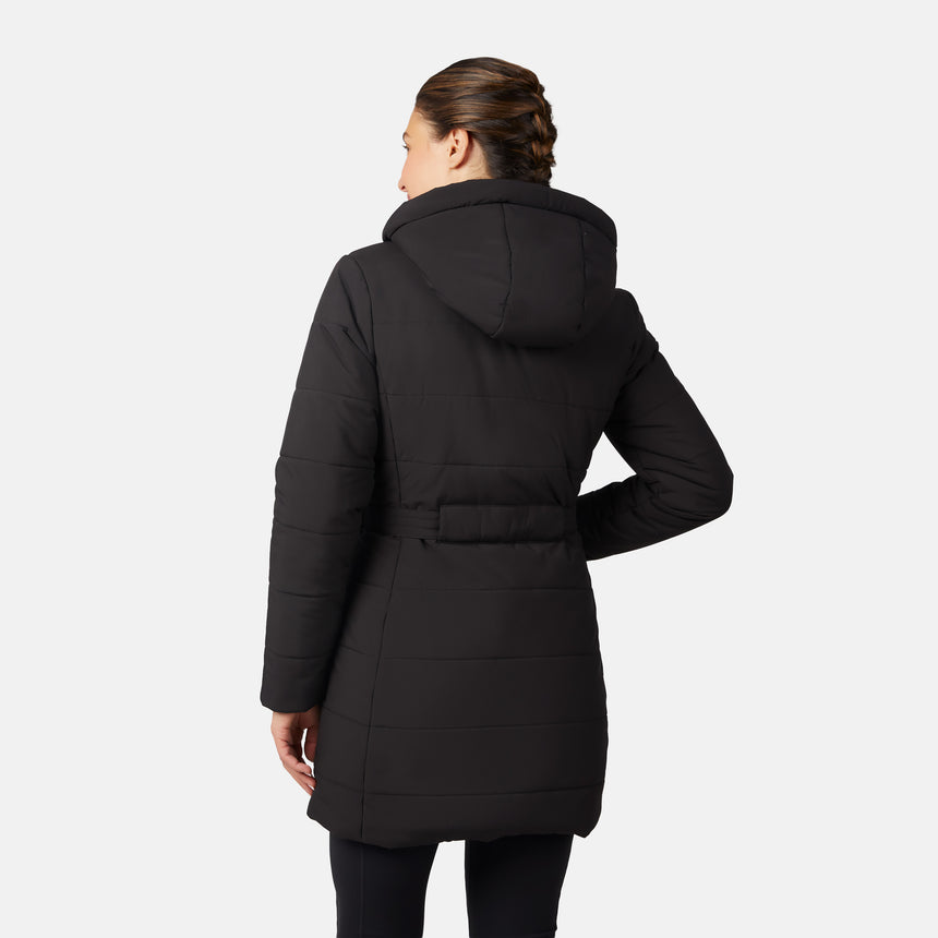 [Olga is 5'9" wearing size S.] Woman wearing a black long puffer coat on a white background