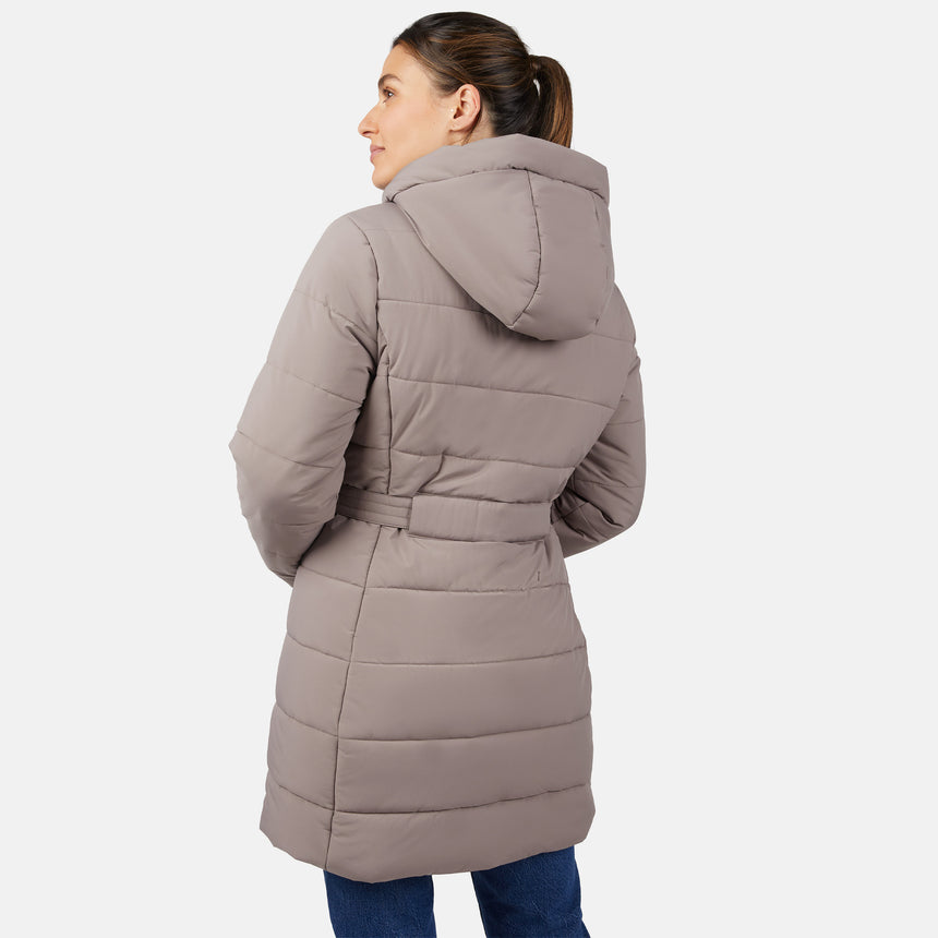 [Olga is 5'9" wearing size S.] Woman wearing a beige puffer coat on a white background