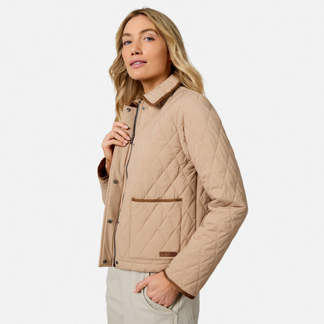 [Model is wearing size S.] A woman wearing a beige quilted jacket with brown trim, paired with light beige pants, photographed against a clean white studio background.