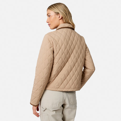 [Model is wearing size S.] A woman shown from the back wearing a light beige quilted jacket and light khaki cargo pants against a plain light gray studio background.