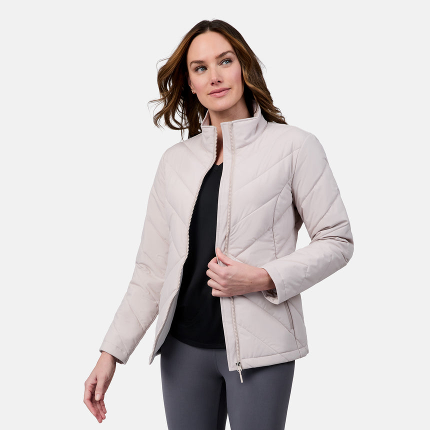 [Emily is 5'9" wearing size S] Woman wearing a light gray quilted jacket on a white background