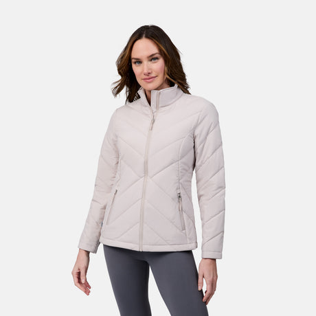[Emily is 5'9" wearing size S] Woman wearing a light gray quilted jacket on a white background