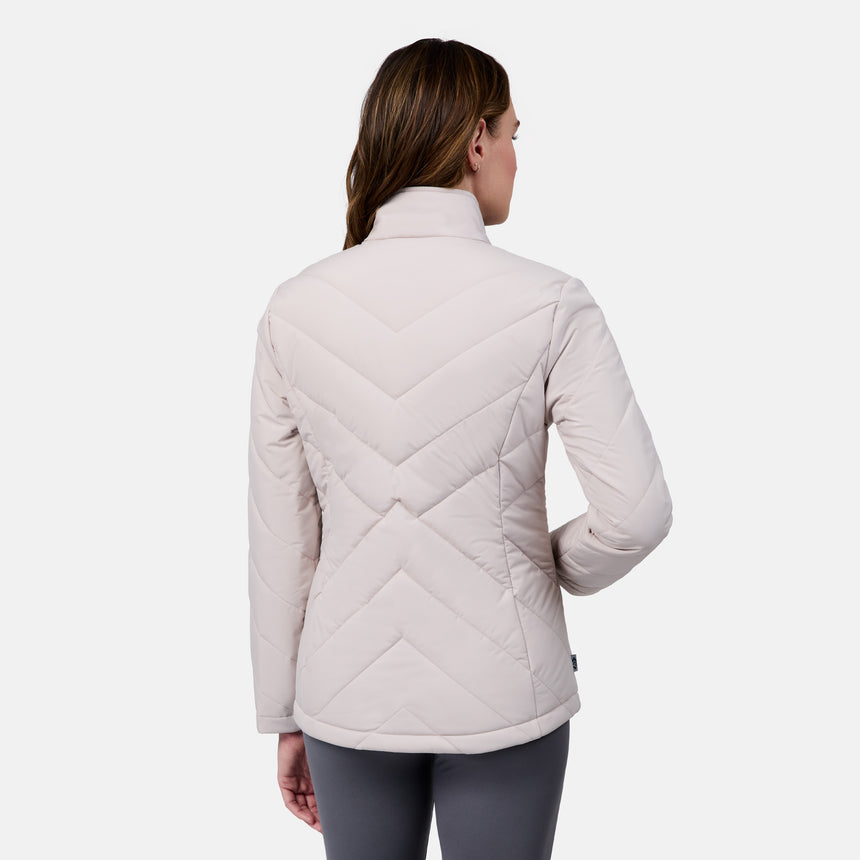 [Emily is 5'9" wearing size S] Woman wearing a beige quilted jacket on a white background