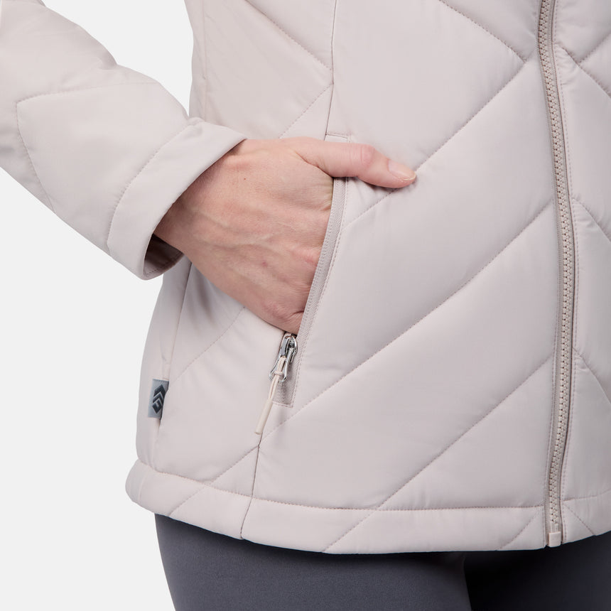 [Emily is 5'9" wearing size S] Light gray quilted jacket with a hand in the pocket on a white background