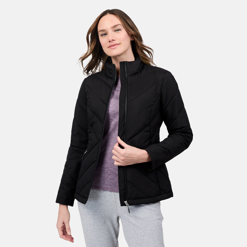 [Emily is 5'9" wearing size S] Woman wearing a black puffer jacket on a white background