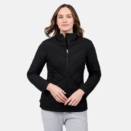 [Emily is 5'9" wearing size S] Woman wearing a black quilted jacket on a light gray background