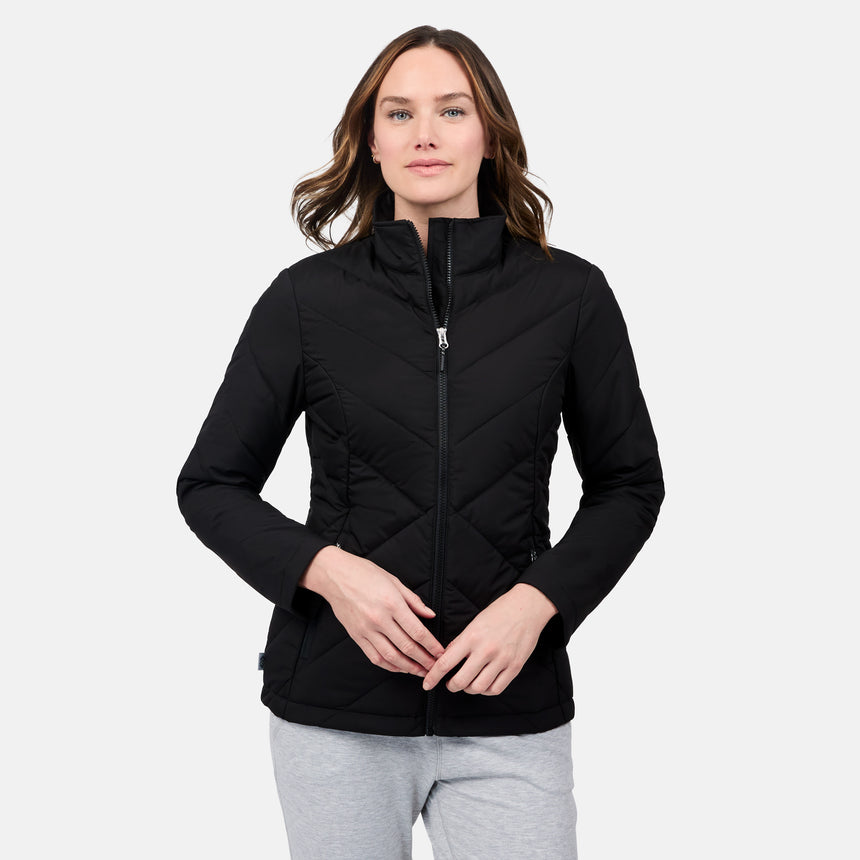 [Emily is 5'9" wearing size S] Woman wearing a black quilted jacket on a light gray background