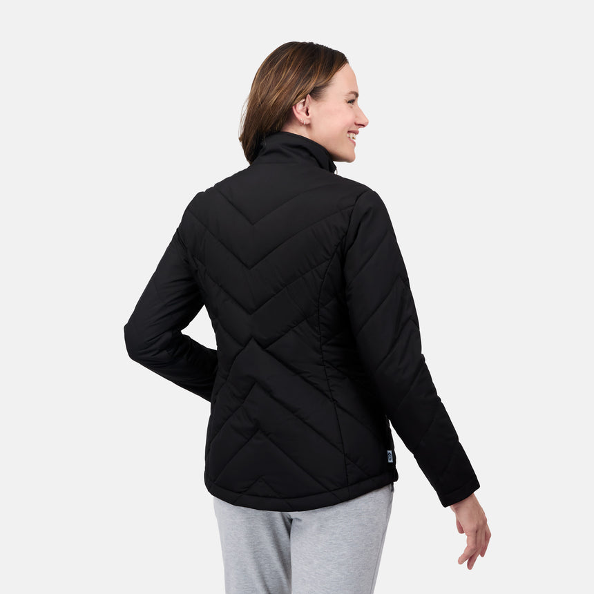 [Emily is 5'9" wearing size S] Woman wearing a black quilted jacket on a white background
