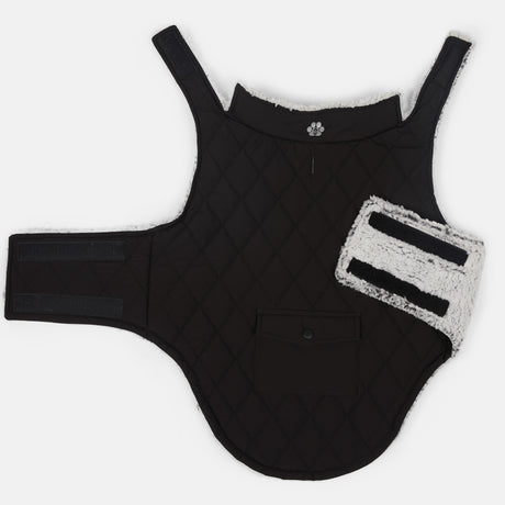 The Clearance Stratus Lite Reversible Dog Jacket is black and quilted with white fleece lining, velcro straps, and a small buttoned pocket on the back. It is shown flat against a white background.