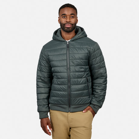 Head-on portrait of man in a dark green hooded fleece jacket with zipper, hood up, white T-shirt visible.