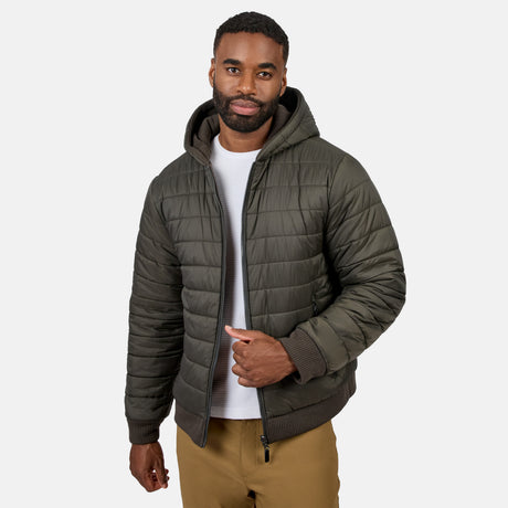 Man wearing Men's Chayote Cable Fleece Reversible Jacket in olive green quilted hooded jacket with front zip