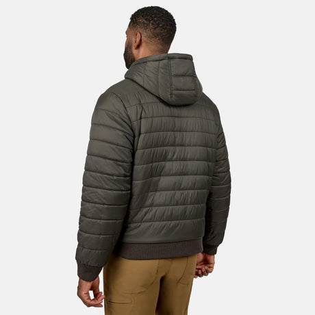 Back view of man in olive green Chayote fleece reversible jacket with hood.