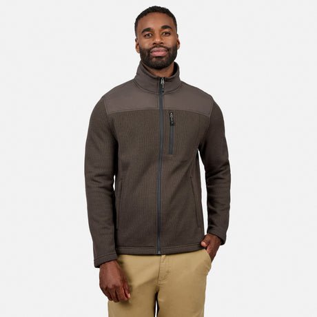 [Model is wearing size M.] A man wearing a dark brown textured zip-up fleece jacket with a stand-up collar and a vertical zip pocket on the chest, paired with khaki pants, against a light gray background.