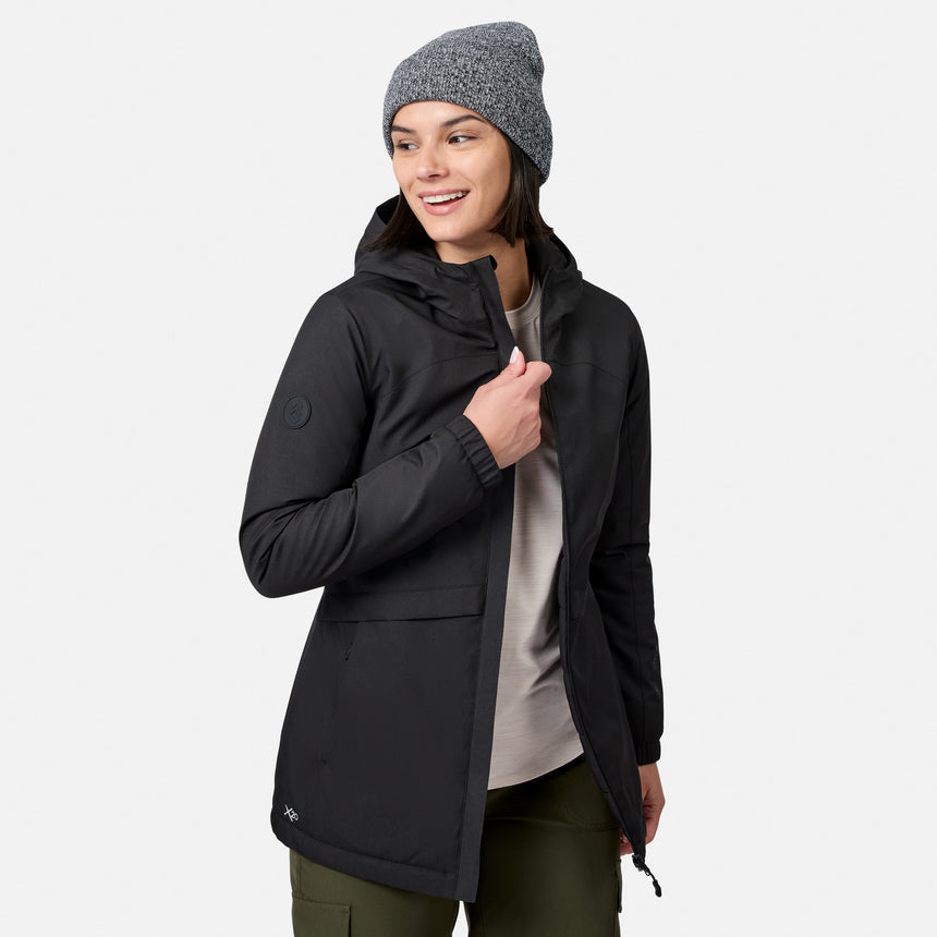 [Model is wearing size S.] Woman wearing black Women's X2O Thermo Rain Jacket with zip front and large pockets