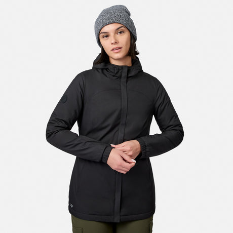 [Model is wearing size S.] Model wearing Women's X2O Thermo Rain Jacket in black with hood and front zip, paired with a grey knit beanie.