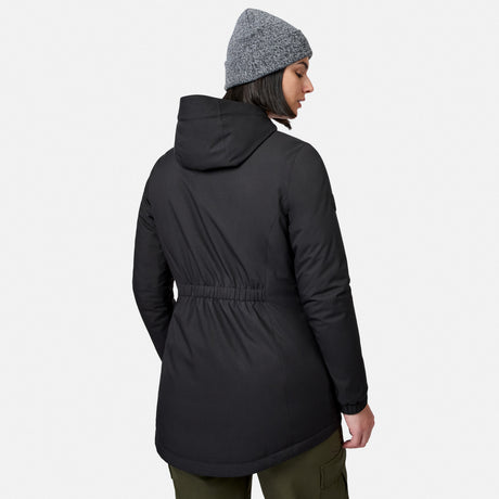 [Model is wearing size S.] Profile of a woman in a black Women's X2O Thermo Rain Jacket with hood up and gray knit hat