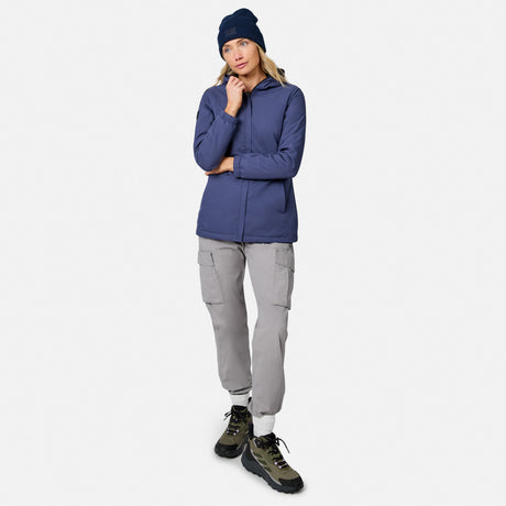 [Model is wearing size S.] Model wearing blue Women's X2O Thermo Rain Jacket with hood, standing against a white background.
