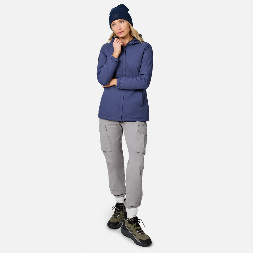 [Model is wearing size S.] Model wearing blue Women's X2O Thermo Rain Jacket with hood, standing against a white background.