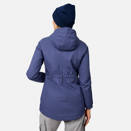 [Model is wearing size S.] Rear view of a person in a navy hooded X2O Thermo Rain Jacket
