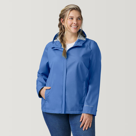 [Angela is 5’10” wearing a size 1X] Women's Plus Size X2O Packable Rain Jacket - Chambray - 1X #color_chambray