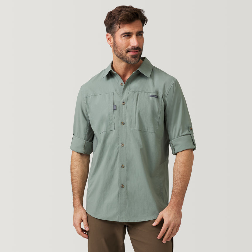 [Justin is 6'1" and wearing a size M] Men's Arcadia Short Sleeve Shirt - Dried Sage - M #color_dried-sage
