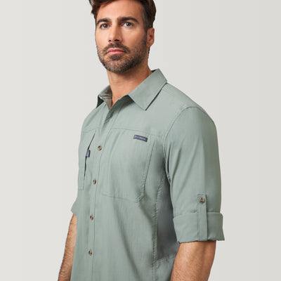 [Justin is 6'1" and wearing a size M] Men's Arcadia Short Sleeve Shirt - Dried Sage - M #color_dried-sage