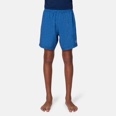 [Emporer is wearing size 10/12 Medium] child wearing blue textured swim shorts with a brand logo on a white background.
