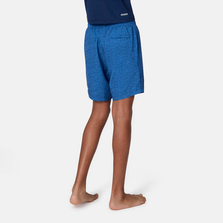 [Emporer is wearing size 10/12 Medium] child wearing blue textured swim shorts with a brand logo on a white background.