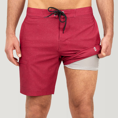 [Model is wearing a size Medium.] Men's Textured Solid Cargo Surf Swim Short - Red - M #color_red