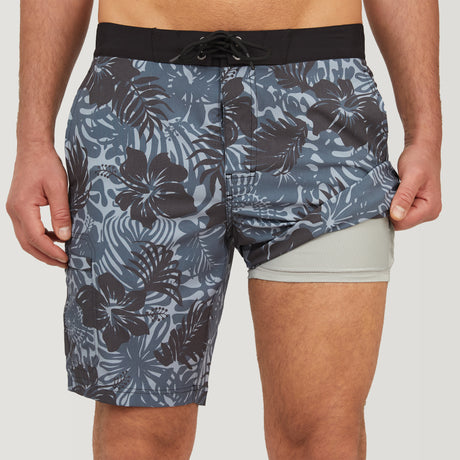 [Model is wearing a size Medium.] Men's Guava Coast Cargo Surf Swim Short - Sea Fog Floral - M #color_sea-fog-floral