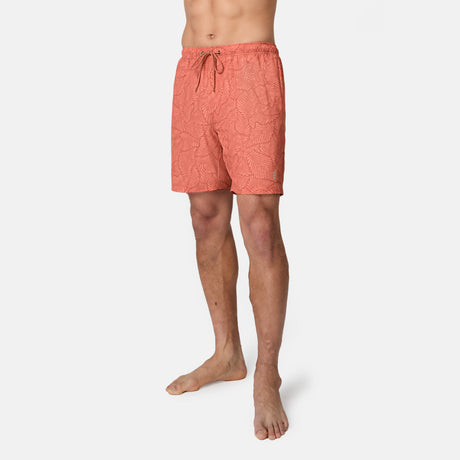 [Model is wearing size M] Person wearing coral patterned shorts on a white background