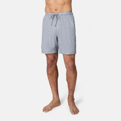 [Model is wearing size M] Person wearing gray patterned shorts on a white background