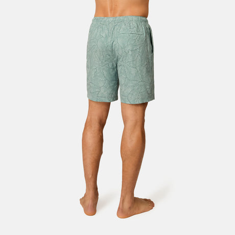[Model is wearing size M] Person wearing green patterned shorts on a white background