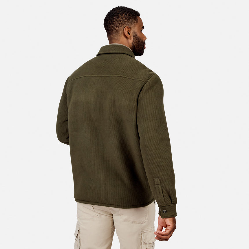 [Model is wearing size M.] A man shown from the back wearing an olive green fleece jacket and beige cargo pants against a light gray studio background.