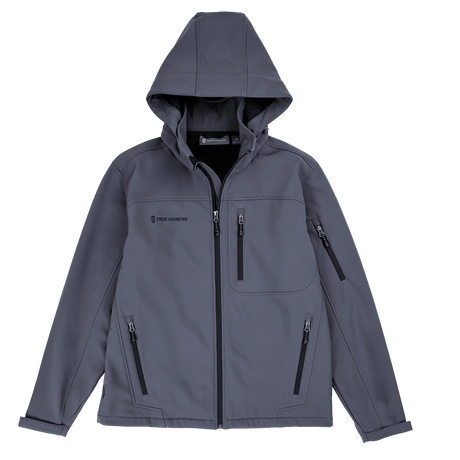 Man wearing Free Country Men's Odyssey II Flex Super Softshell® Jacket in dark grey with a full front zipper opening, adjustable cuff openings, and wind and water resistant stretch performance fabric.