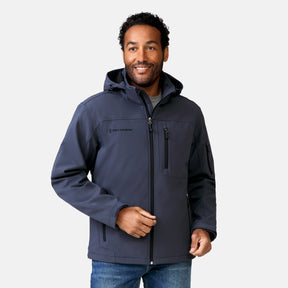 [Jonathan is 6'1" wearing a size Medium.] Man wearing Free Country Men's Odyssey II Flex Super Softshell® Jacket in dark grey with a full front zipper opening, adjustable cuff openings, and wind and water resistant stretch performance fabric, light grey background. Perfect men’s jacket for fall weather.