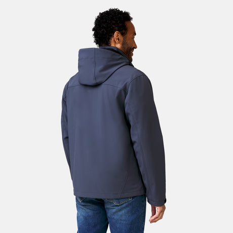 [Jonathan is 6'1" wearing a size Medium.] Man wearing Free Country Men's Odyssey II Flex Super Softshell® Jacket in dark grey with a full front zipper opening, adjustable cuff openings, and wind and water resistant stretch performance fabric, light grey background. Perfect men’s jacket for fall weather.