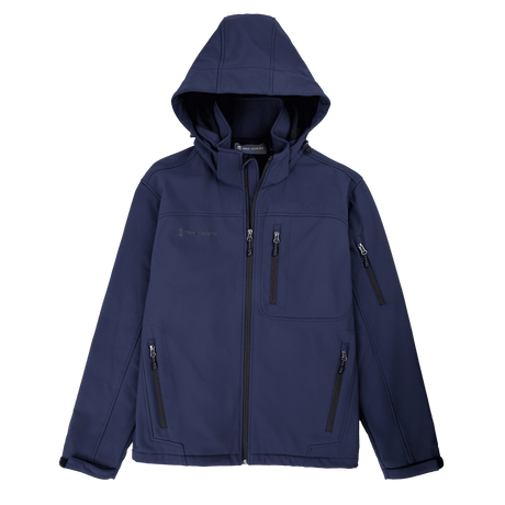 Man wearing Free Country Men's Odyssey II Flex Super Softshell® Jacket in navy with a full front zipper opening, adjustable cuff openings, and wind and water resistant stretch performance fabric.
