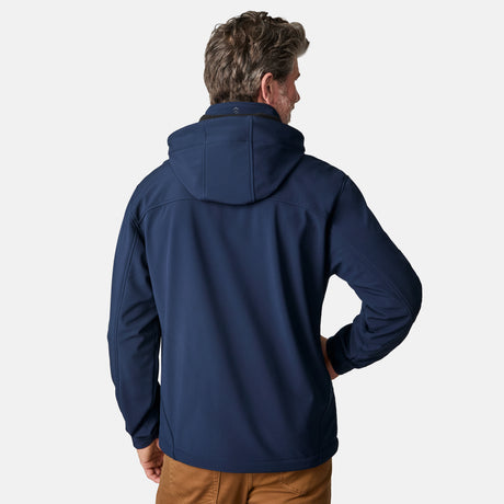 [Kolby is 6'2" wearing size M.] Man wearing Free Country Men's Odyssey II Flex Super Softshell® Jacket in navy with a full front zipper opening, adjustable cuff openings, and wind and water resistant stretch performance fabric, light grey background. Perfect men’s jacket for fall weather.