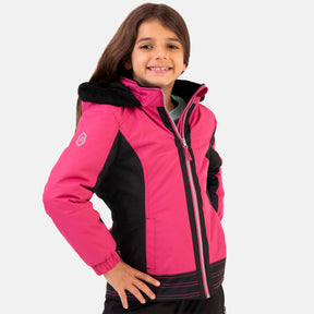 [Model is wearing a size Medium.] Girl wearing the Free Country Girls' Boarder Jacket in bright pink and black, featuring Butter Pile® lining, a wind- and water-resistant shell, and a hooded design.