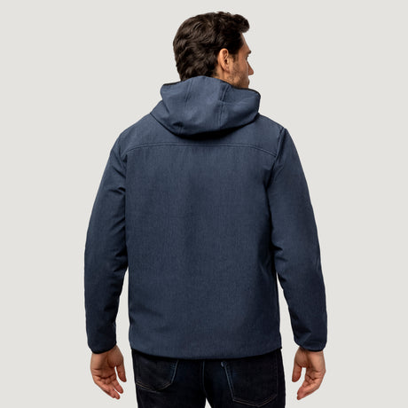 A man with dark hair stands with his back to the camera, wearing the Clearance Men's Melange Stretch Full Zip Hoodie in dark blue and dark jeans, set against a plain light gray background.