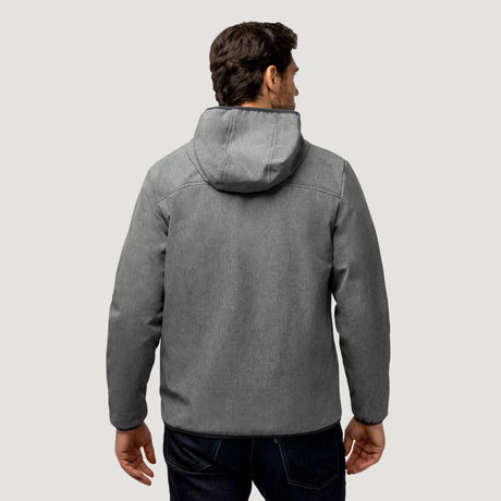 A man with short dark hair, seen from behind, is wearing the Clearance Men's Melange Stretch Full Zip Hoodie in gray and dark jeans, standing against a plain light gray background.