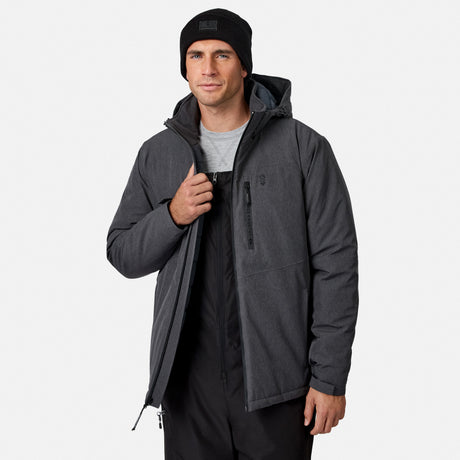 [Model is wearing size M.] A man wearing a dark gray hooded jacket over a gray t-shirt and black pants, paired with a black beanie, photographed against a light gray studio background.
