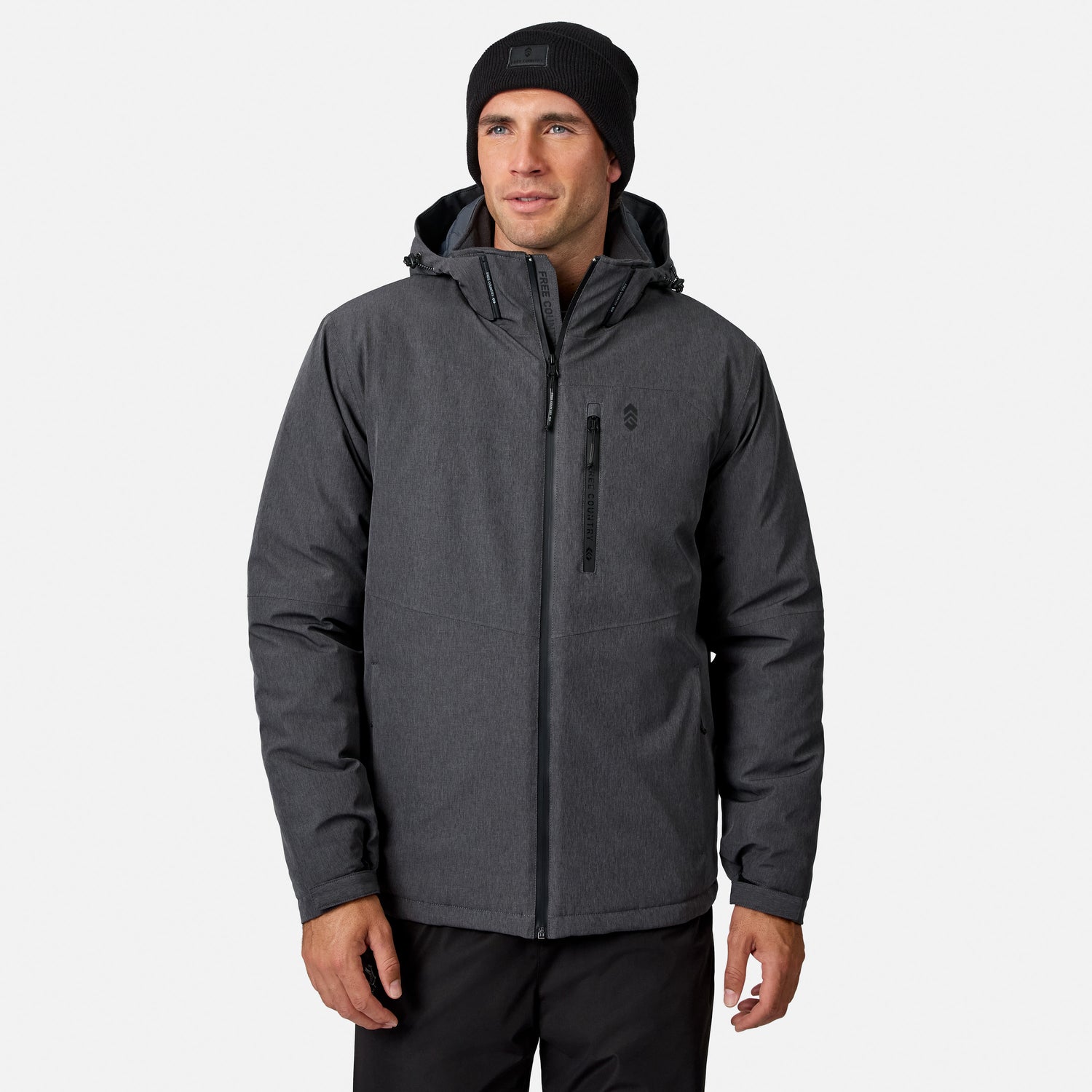 [Model is wearing size M.] A man wearing a dark gray hooded technical jacket with a black beanie, standing against a light gray studio background.