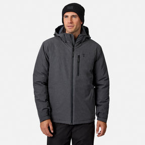 [Model is wearing size M.] A man wearing a dark gray hooded technical jacket with a black beanie, standing against a light gray studio background.