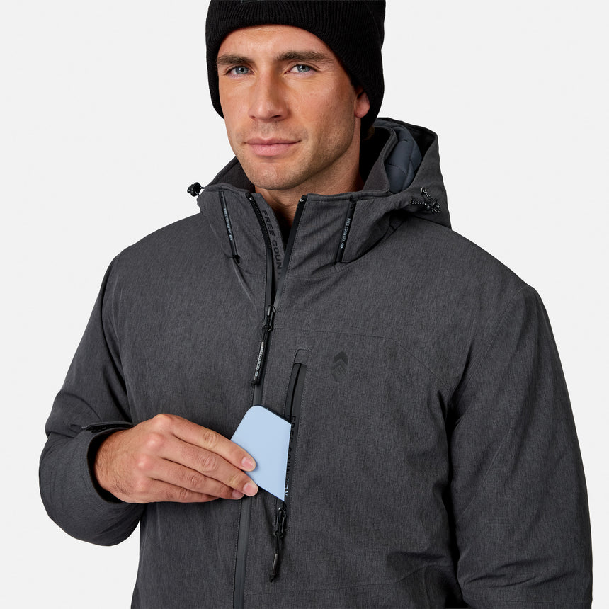 [Model is wearing size M.] A man wearing a dark gray hooded jacket and black beanie, holding a light blue card in the front pocket of the jacket, against a light gray background.