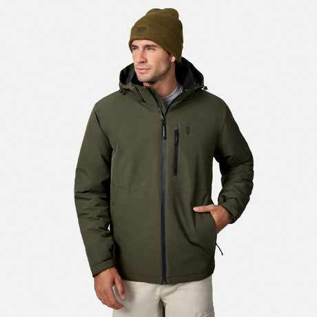 [Model is wearing size M.] A man wearing an olive green hooded jacket, a matching olive beanie, and light beige pants, standing against a light gray studio background.